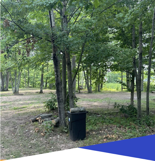 A trash can in the middle of a forest.